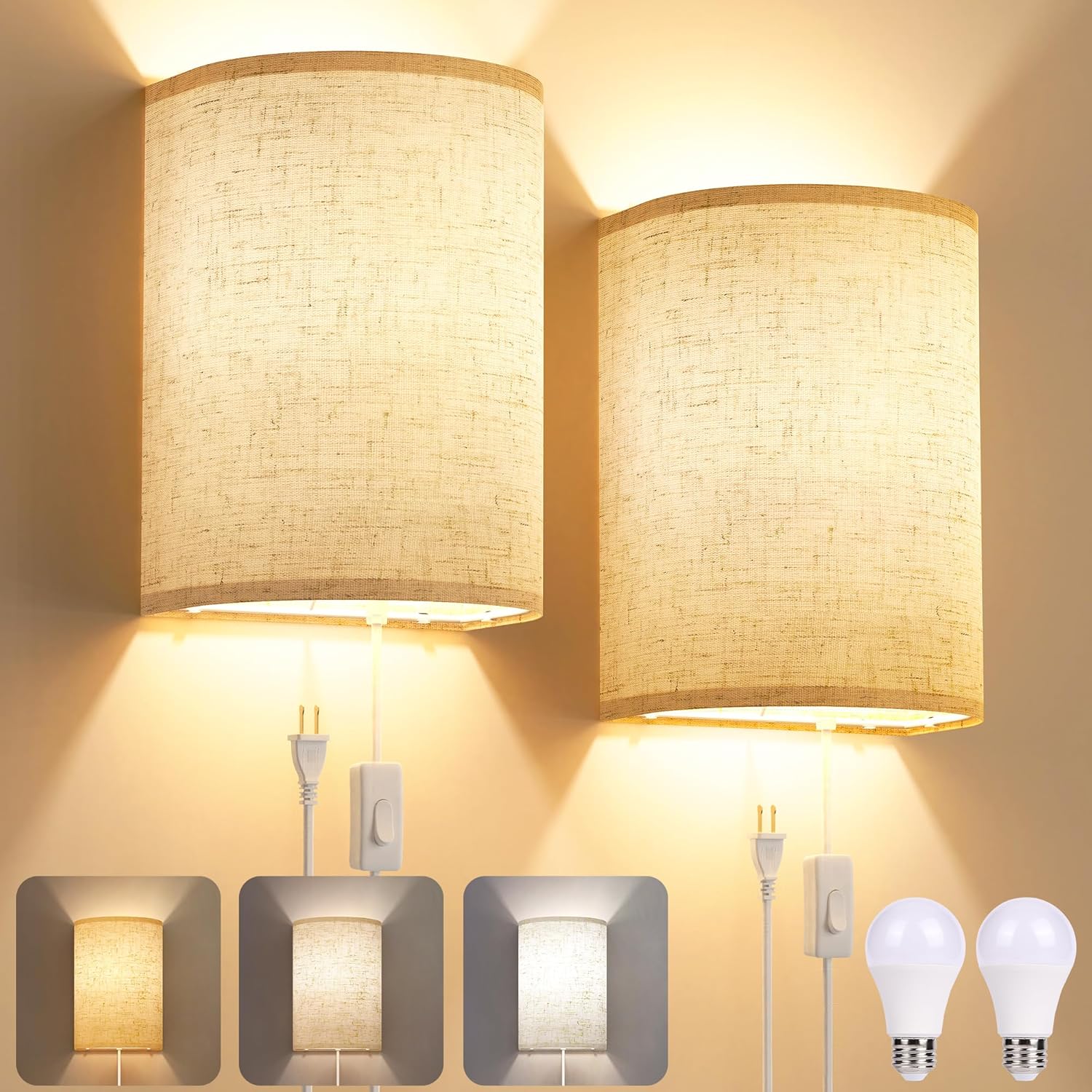 Plug in Wall Sconces Set of Two Review 2026: Stepless Color Temp & Fabric Shade
